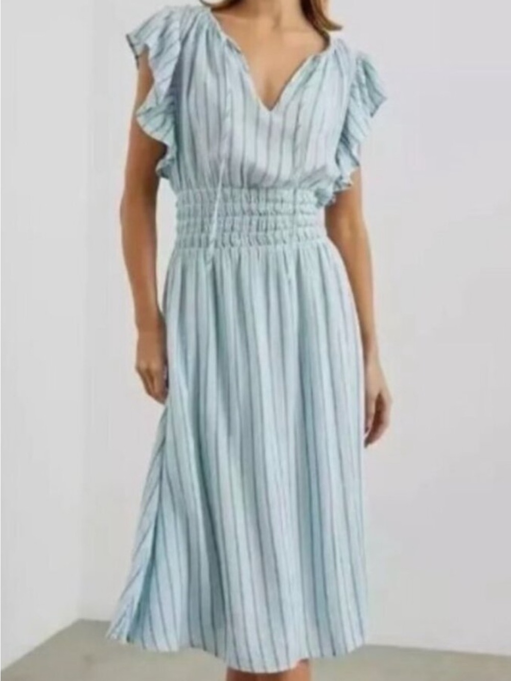 Rails Iona Smocked Waist Midi Dress (L, Cambria Stripe Blue) 100% linen.